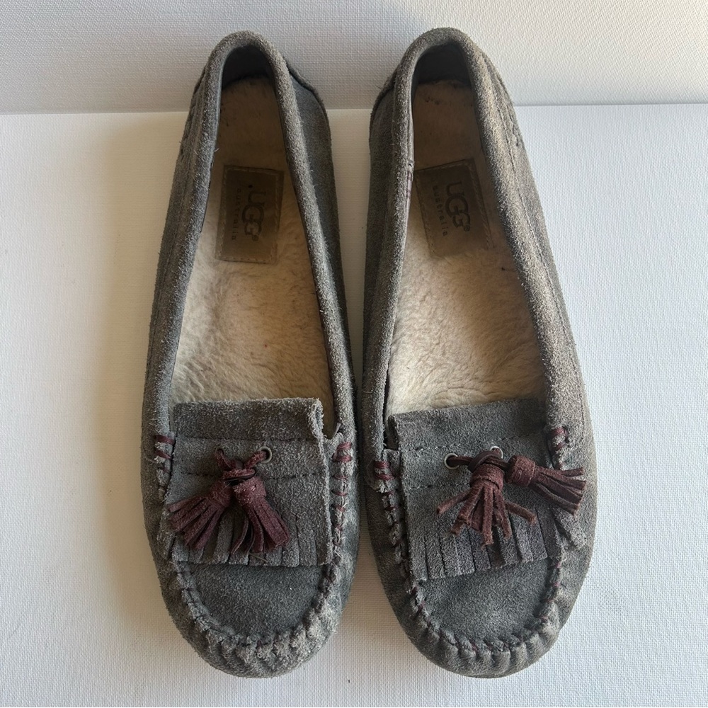 Ugg Wool Sheepskin Lizzy Moccasin Slippers Slip On House Shoe Gray Women's Sz 8 - Picture 2 of 9